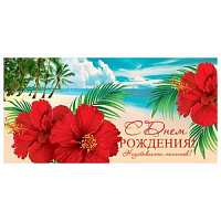 Конверт для денег  В День рождения! Красный гибискус, пляж, без отделки,   4-15-1444  1/10